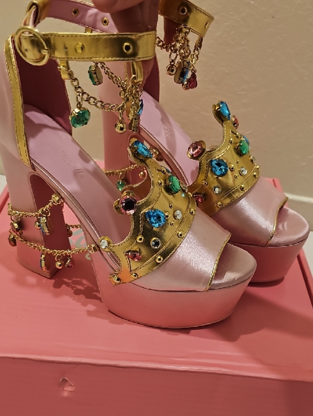 Sugar Thrillz Pink and Gold Jeweled Platform Heels - Picture 3 of 6